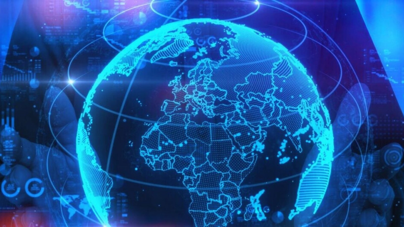  World map overlaid with a futuristic technology background featuring digital patterns and glowing elements.