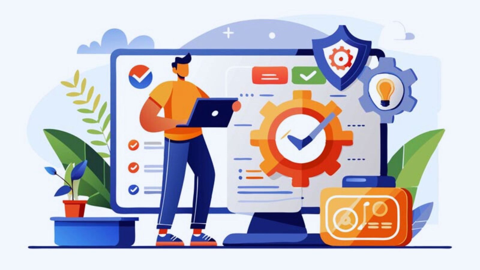  A man focused on his laptop while a computer screen displays information beside him.
