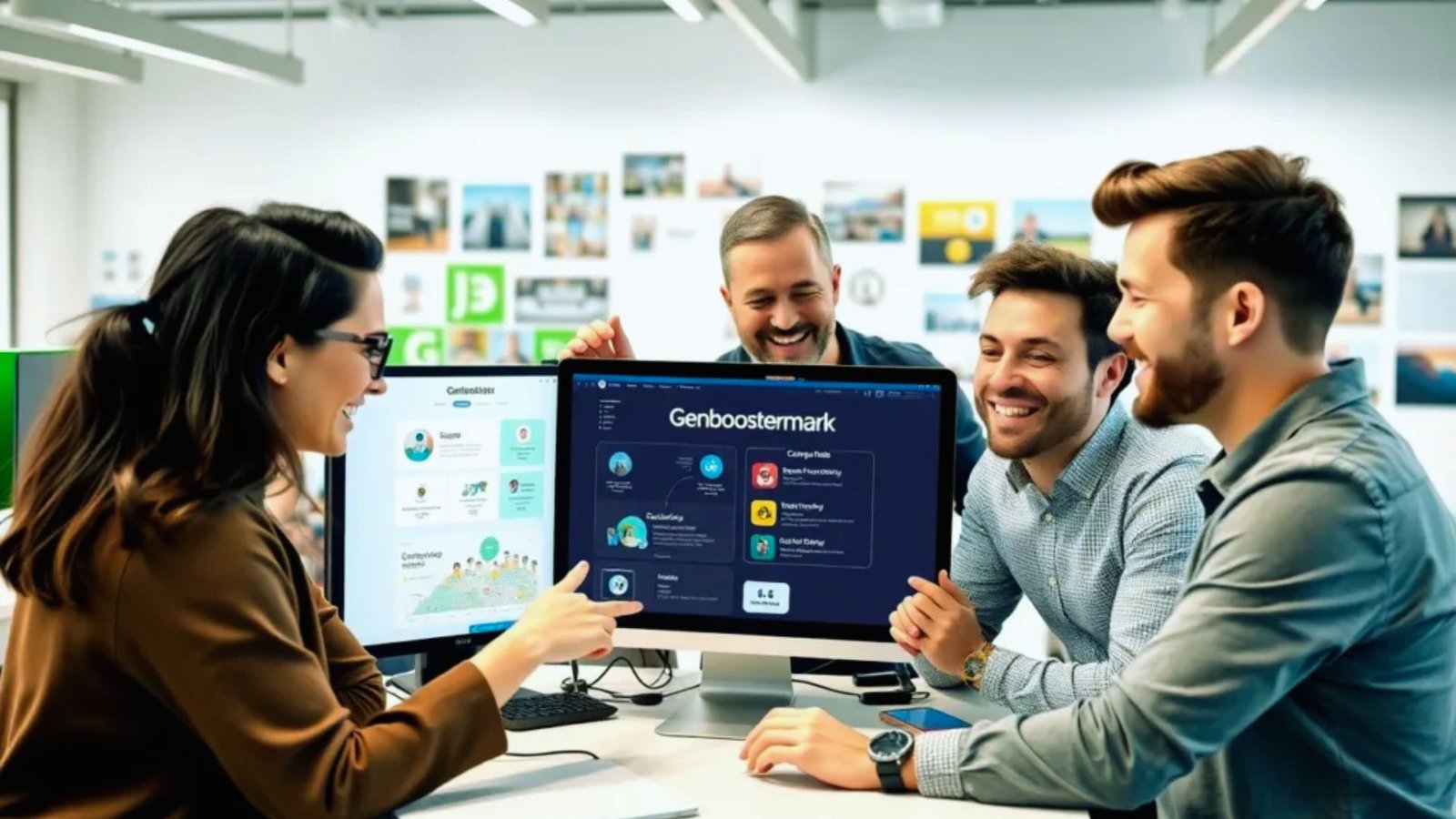 A diverse group of people gathered around a computer, engaged in discussion and collaboration.
