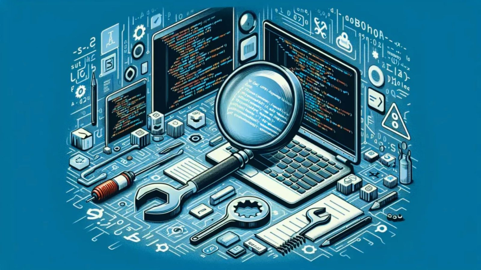 An illustration featuring a computer alongside various office items, including a notebook and a pen.