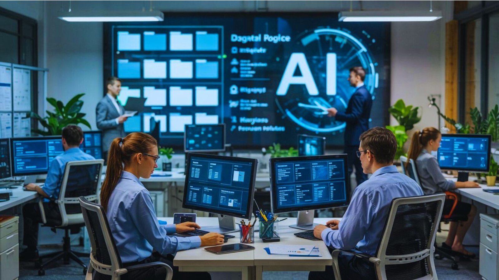 Illustration of AI and machine learning technologies integrated into enterprise systems for enhanced business operations.

