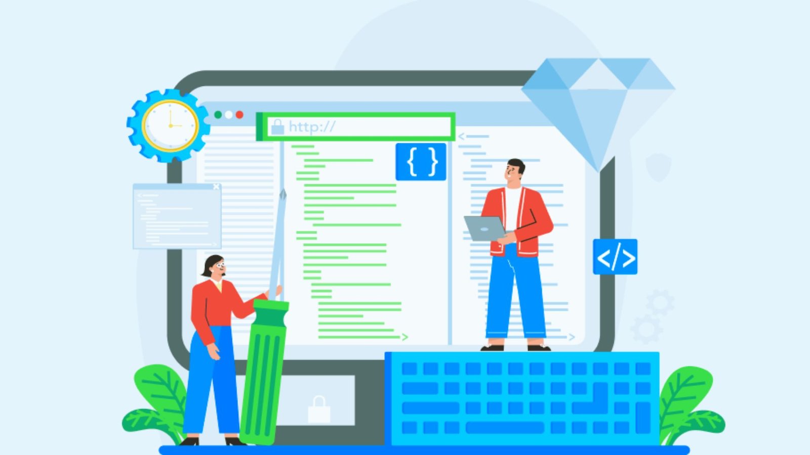 . Two people collaborate at a desk, working on a computer and a laptop, focused on the screen in front of them.
