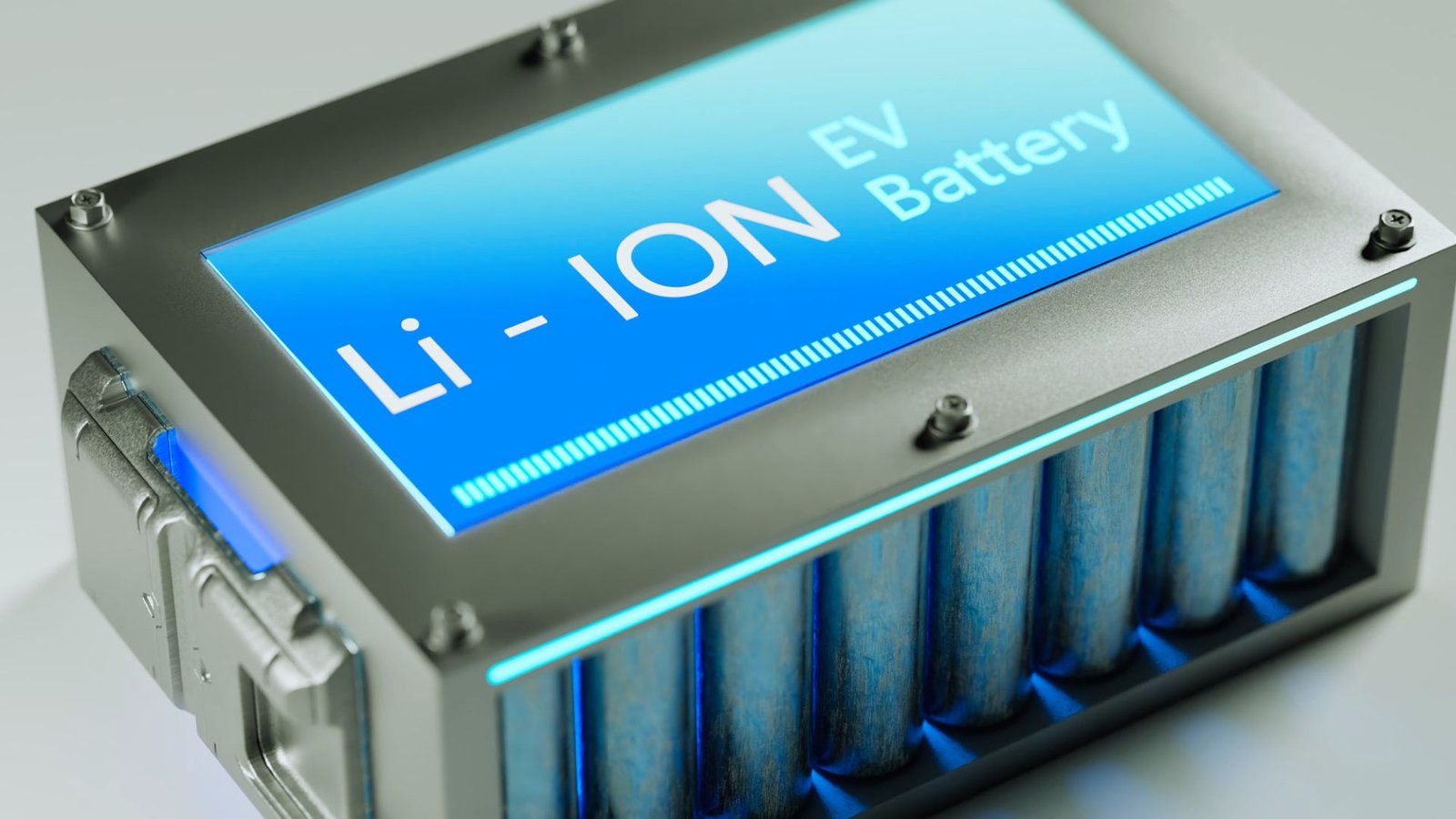 3D illustration of a lithium-ion battery showcasing its cylindrical shape and electrical components.

