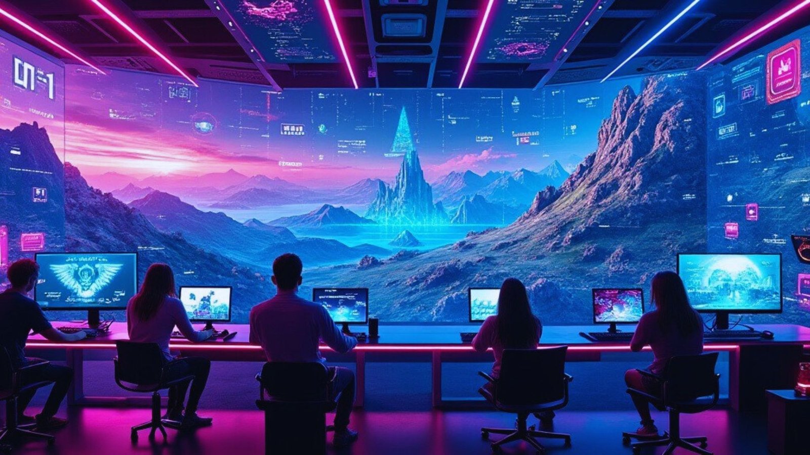  A futuristic gaming setup featuring advanced technology, immersive graphics, and interactive elements showcasing the evolution of g