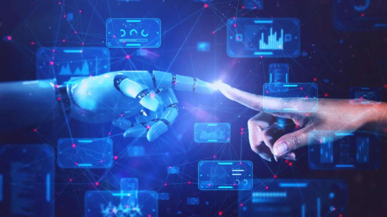 A futuristic office scene showcasing robots collaborating with humans in a modern workspace, symbolizing the rise of automation.
