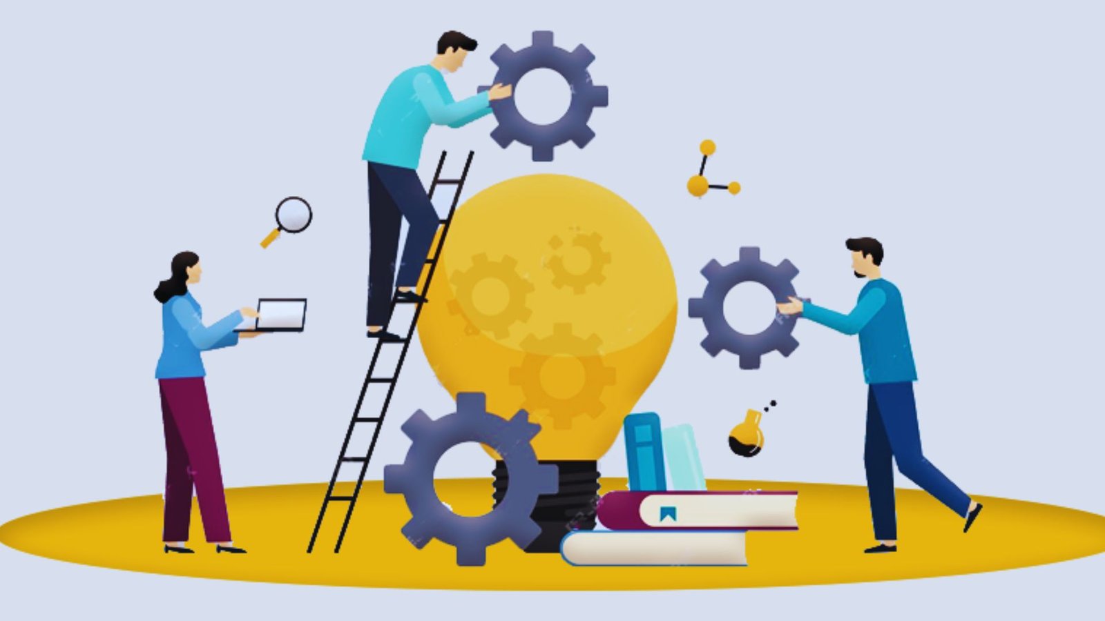 A diverse group of people collaborating on a project, surrounded by gears and a glowing light bulb symbolizing innovation.