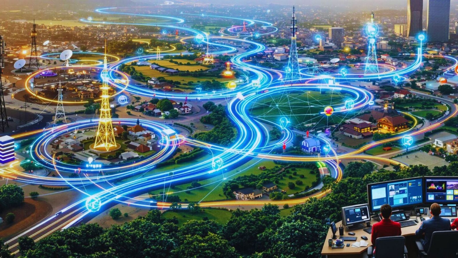 A futuristic concept image illustrating interconnected devices representing the future of the Internet of Things.