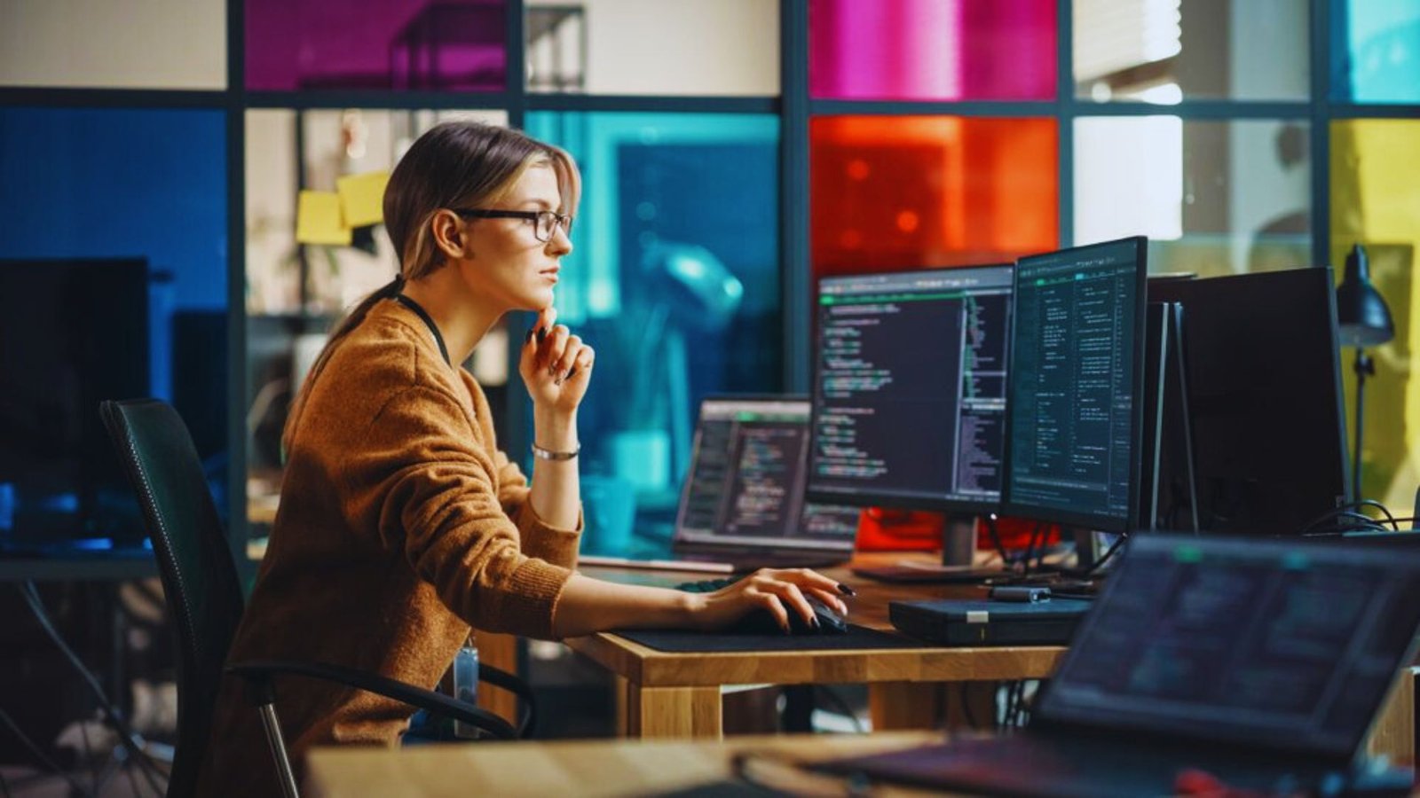  A woman seated at a desk, focused on her computer screen, with a notepad and pen beside her.
