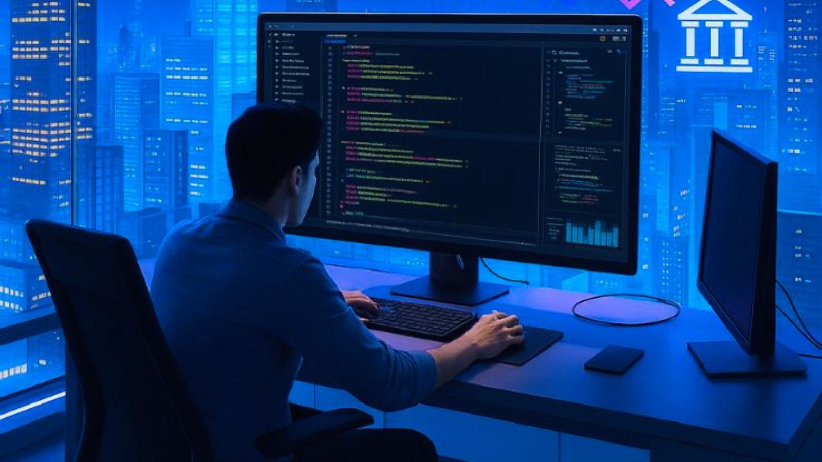  A man seated at a desk, working on two monitors and a computer, focused on his tasks.
