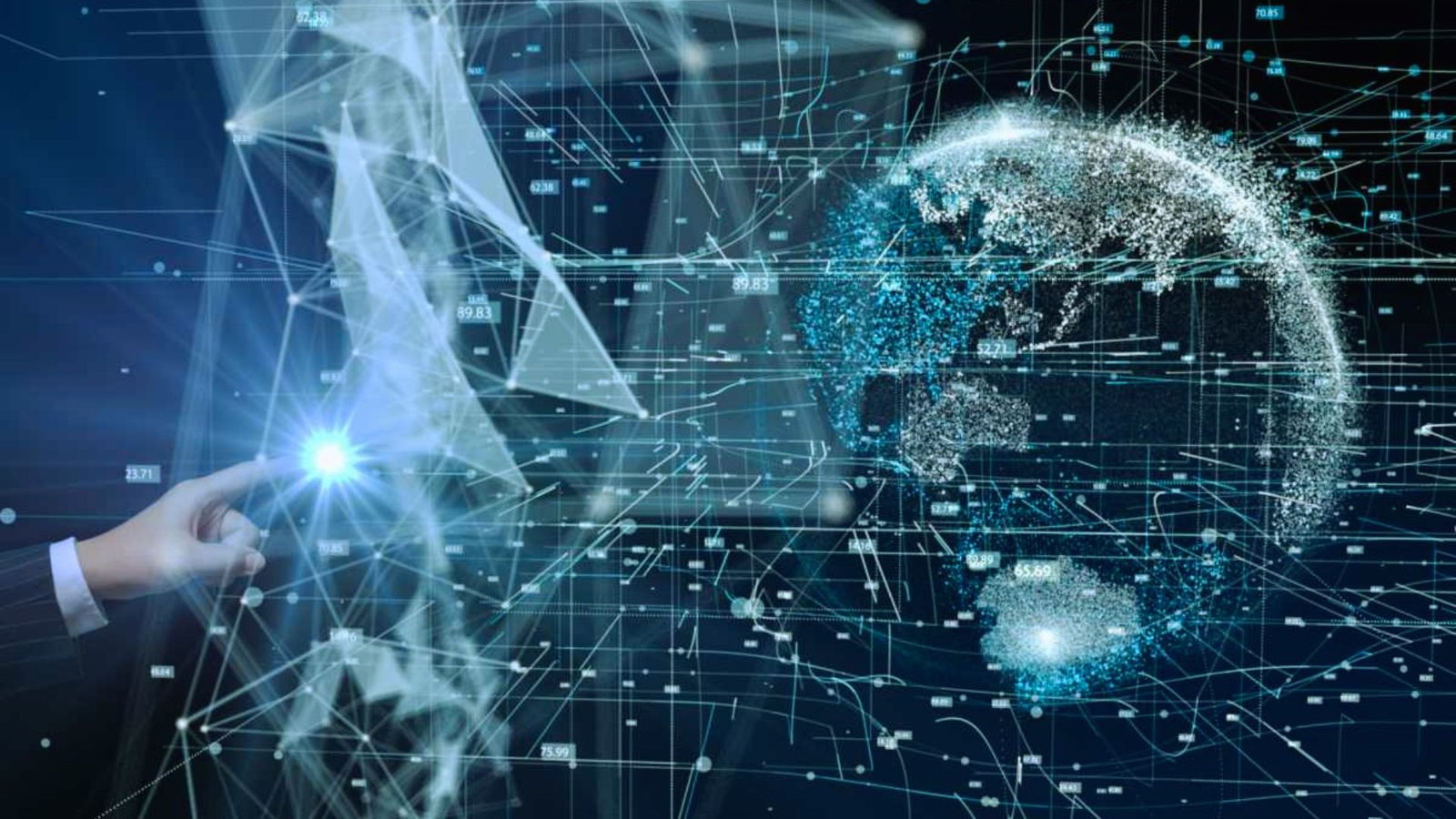  Businessman’s hand reaching out to touch a globe, surrounded by network lines and dots representing global connectivity.
