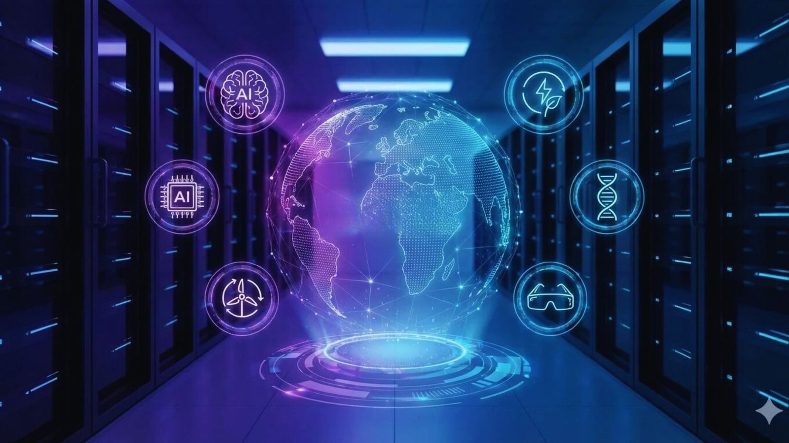 A globe surrounded by various icons in a server room, symbolizing global connectivity and technology.