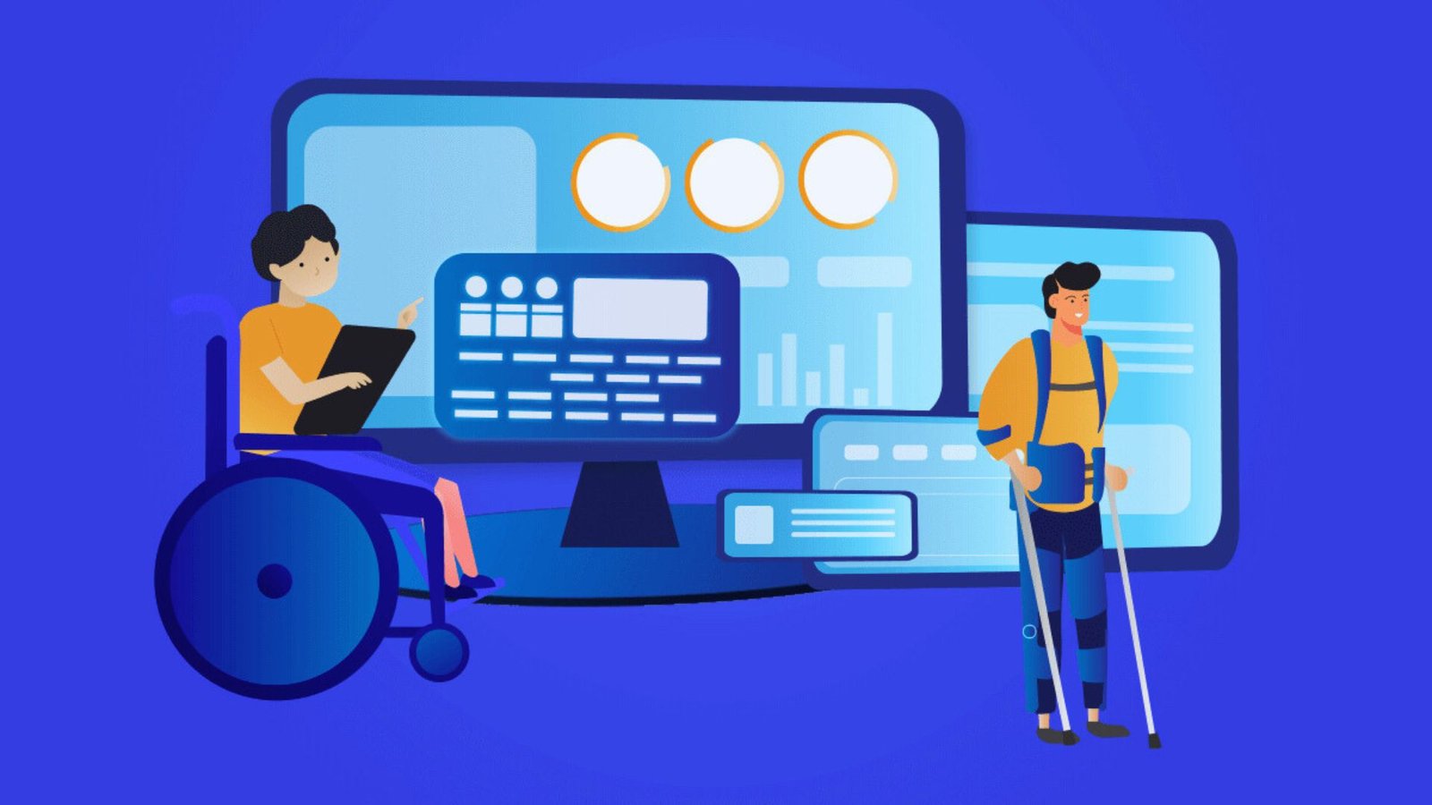 A man in a wheelchair uses a computer while a woman in a wheelchair engages with a tablet, both focused on their devices.