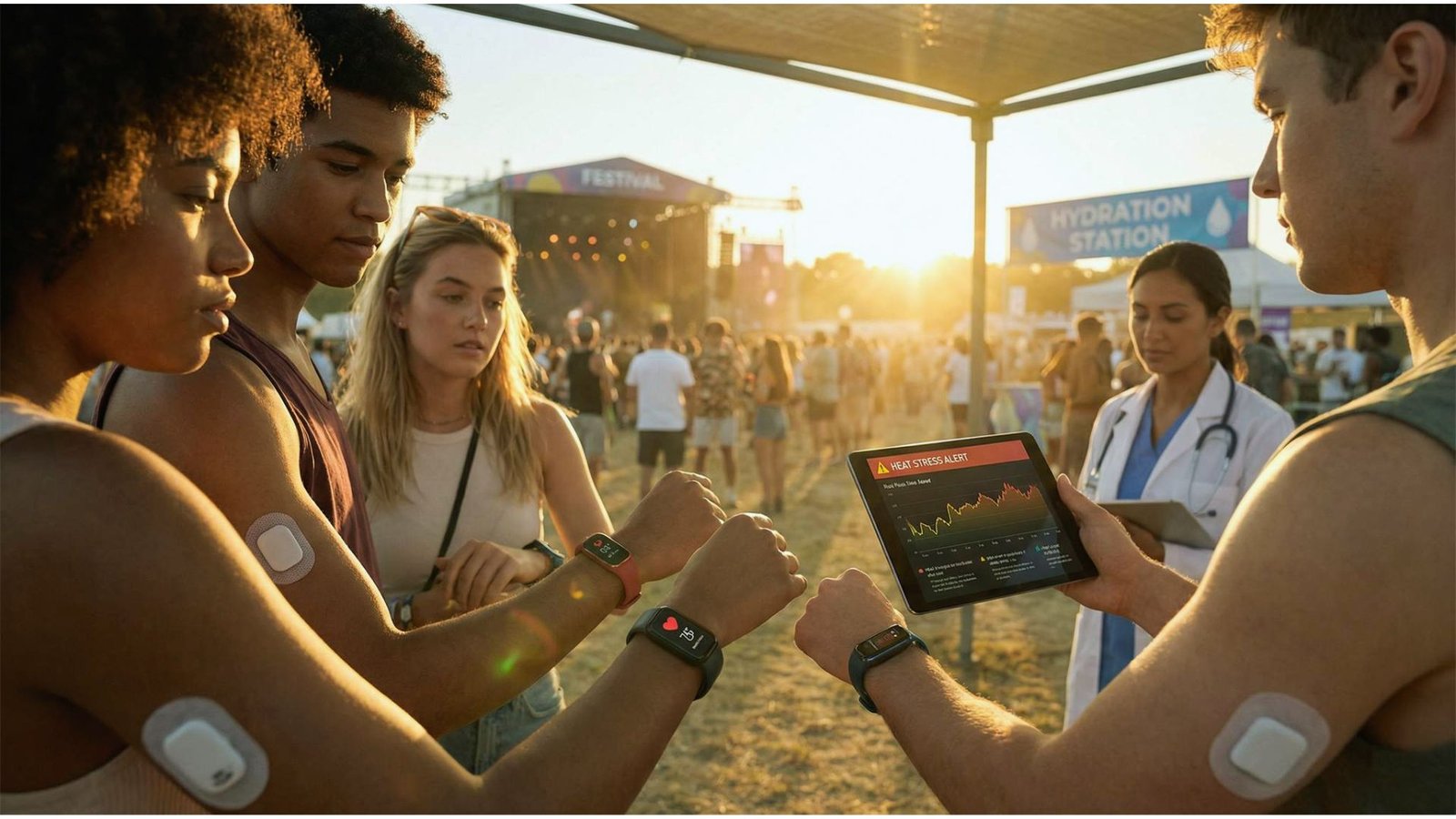 Festival-goers holding an iPad to document the live music experience, immersed in the lively festival environment.