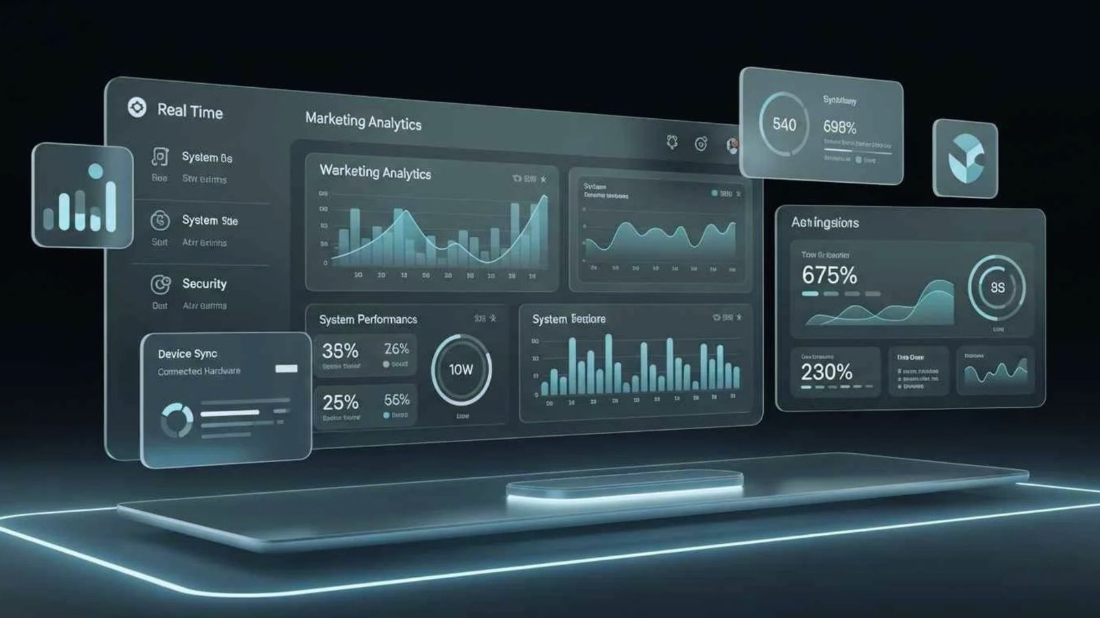 A high-tech dashboard featuring an array of data displays and metrics, representing a futuristic design and functionality.