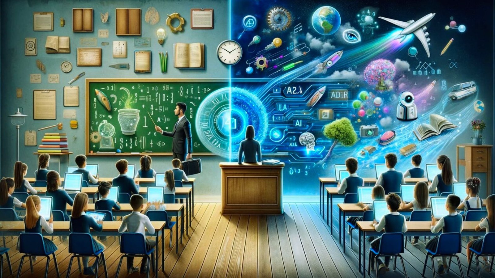 A futuristic classroom with advanced technology, students engaged in interactive learning, and diverse educational tools.
