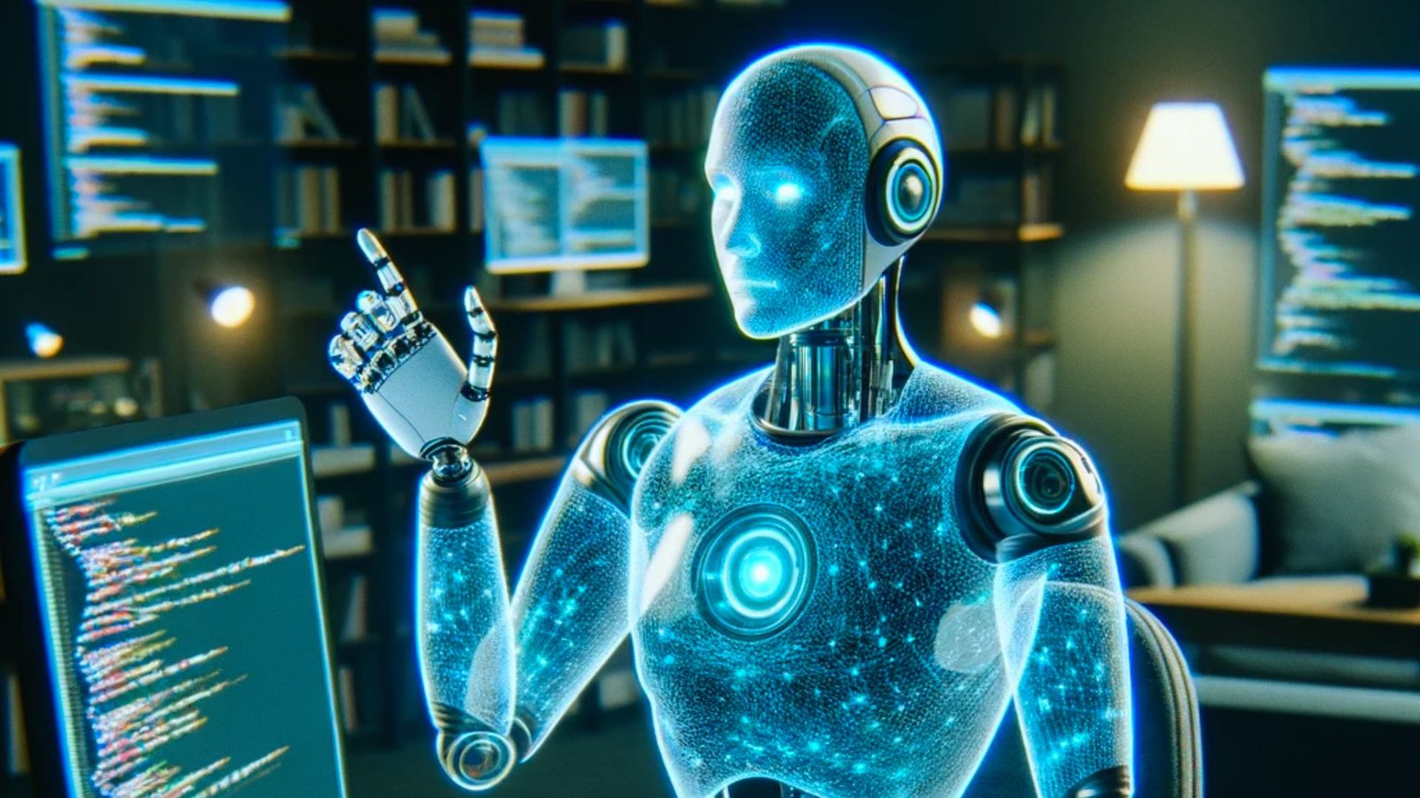  A robot is positioned before a computer screen, appearing to interact with it.