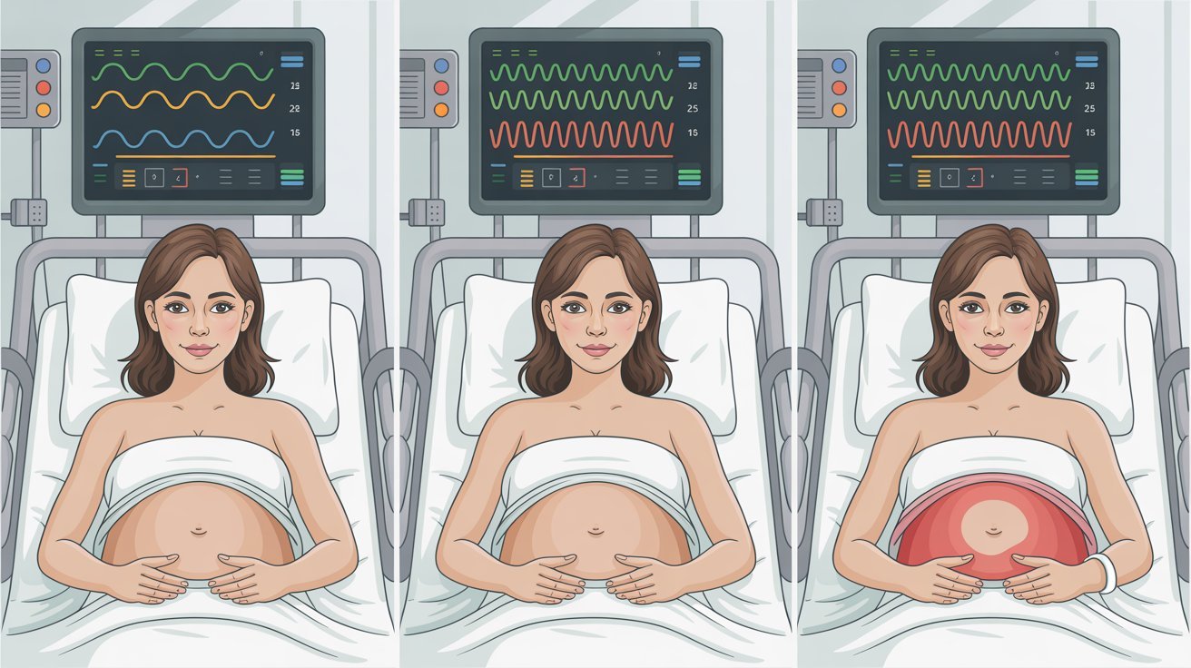 Illustration of a smiling pregnant woman in a hospital bed. Three stages of labor are shown with a medical monitor displaying vital signs above her.