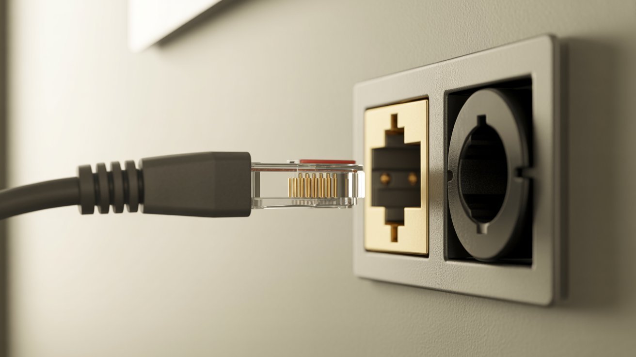 A close-up of a black Ethernet cable about to plug into a wall socket with a gold and black interface, illustrating connectivity and technology.