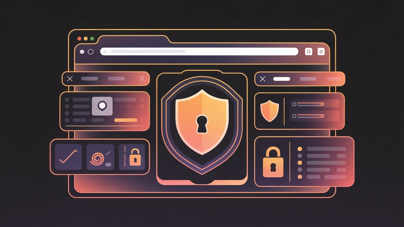 Illustration of a glowing computer interface with a central shield icon, symbolizing cybersecurity. Surrounding icons depict locks and data. Dark background.