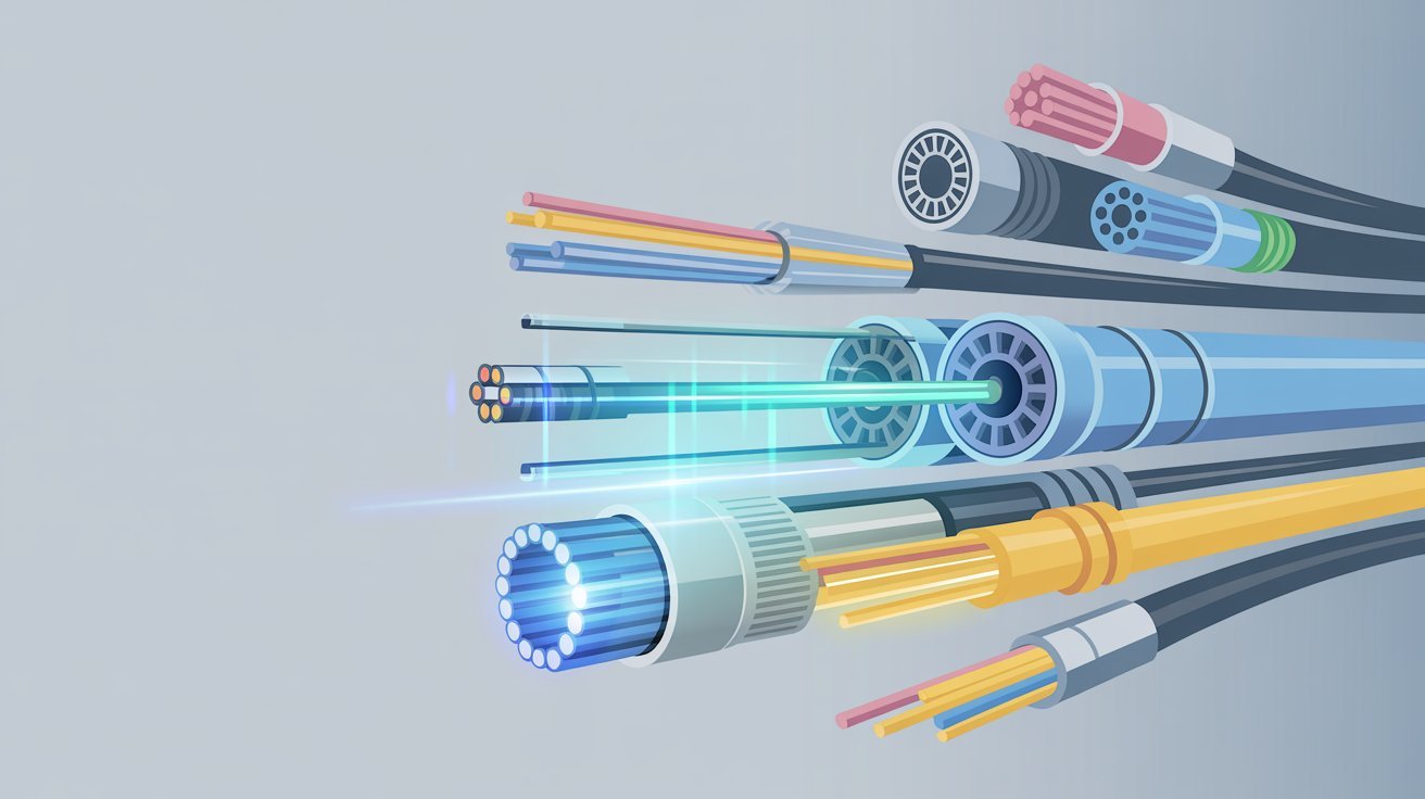 Illustration of various colored fiber optic cables, with glowing tips and intricate structures, conveying a sense of modern technology and connectivity.