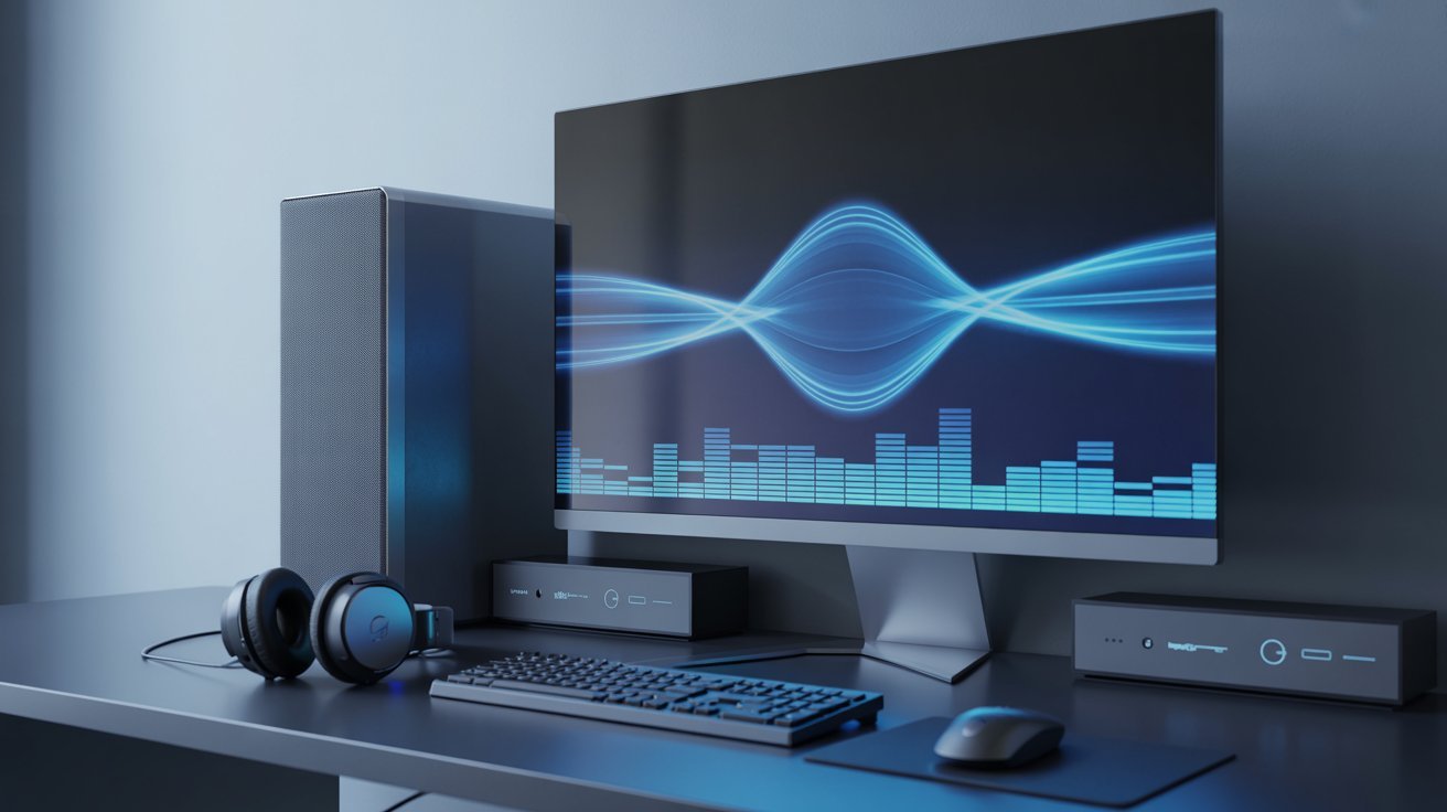 A sleek computer setup with a large monitor displaying blue waveforms and equalizer bars. Headphones, keyboard, and mouse sit on a tidy desk.