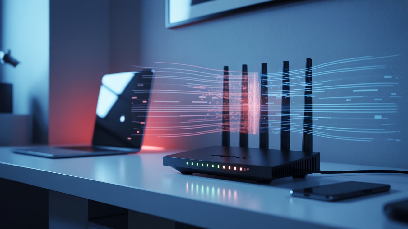 A Wi-Fi router with four antennas emits digital signals, visualized as light trails, on a modern desk with a laptop and smartphone, suggesting connectivity.