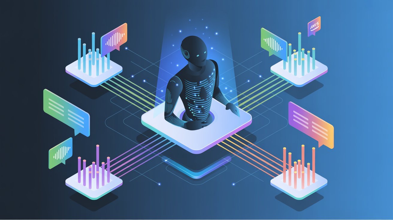 A humanoid robot interacts with digital data streams, connecting to four graph-like platforms. The scene conveys advanced technology and AI concepts.