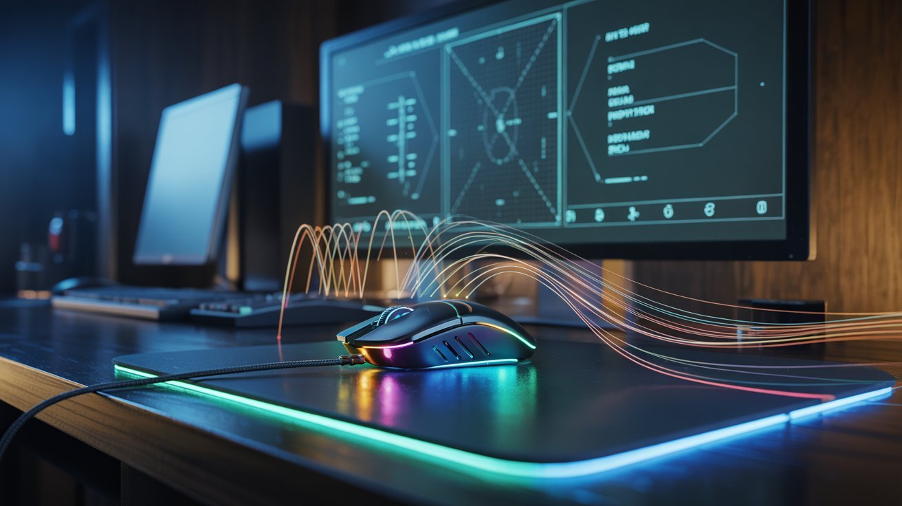 A sleek gaming setup with a glowing RGB gaming mouse and mat on a desk. Two monitors display futuristic graphics, emitting a high-tech vibe.