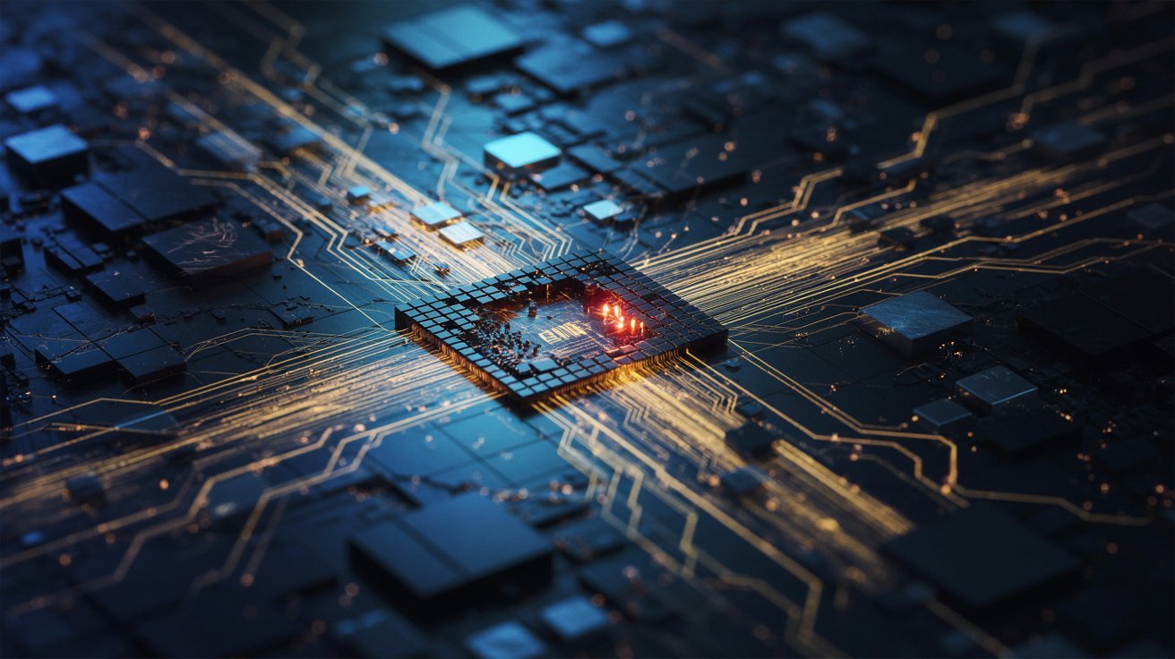 Futuristic circuit board with glowing orange lines converging at a central microchip. The scene conveys a high-tech, digital ambiance.