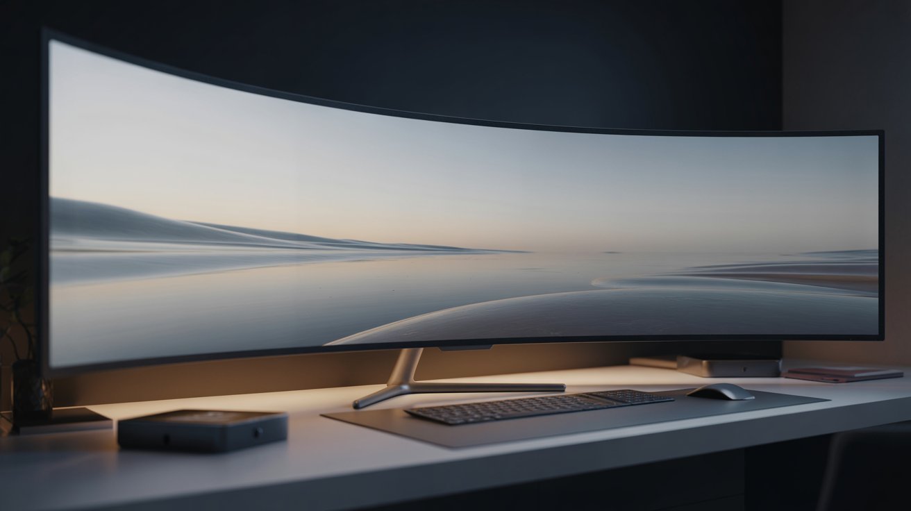 A sleek, wide curved monitor displays a serene seascape at sunset. It's set on a modern desk with a keyboard and mouse, creating a calm, tech-savvy workspace.