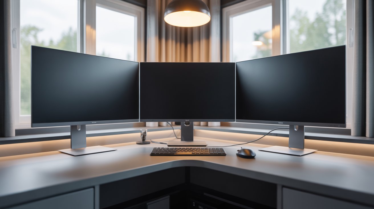 A sleek, modern workspace featuring three curved monitors on a corner desk is lit by a pendant lamp. Large windows and natural light create a serene ambiance.