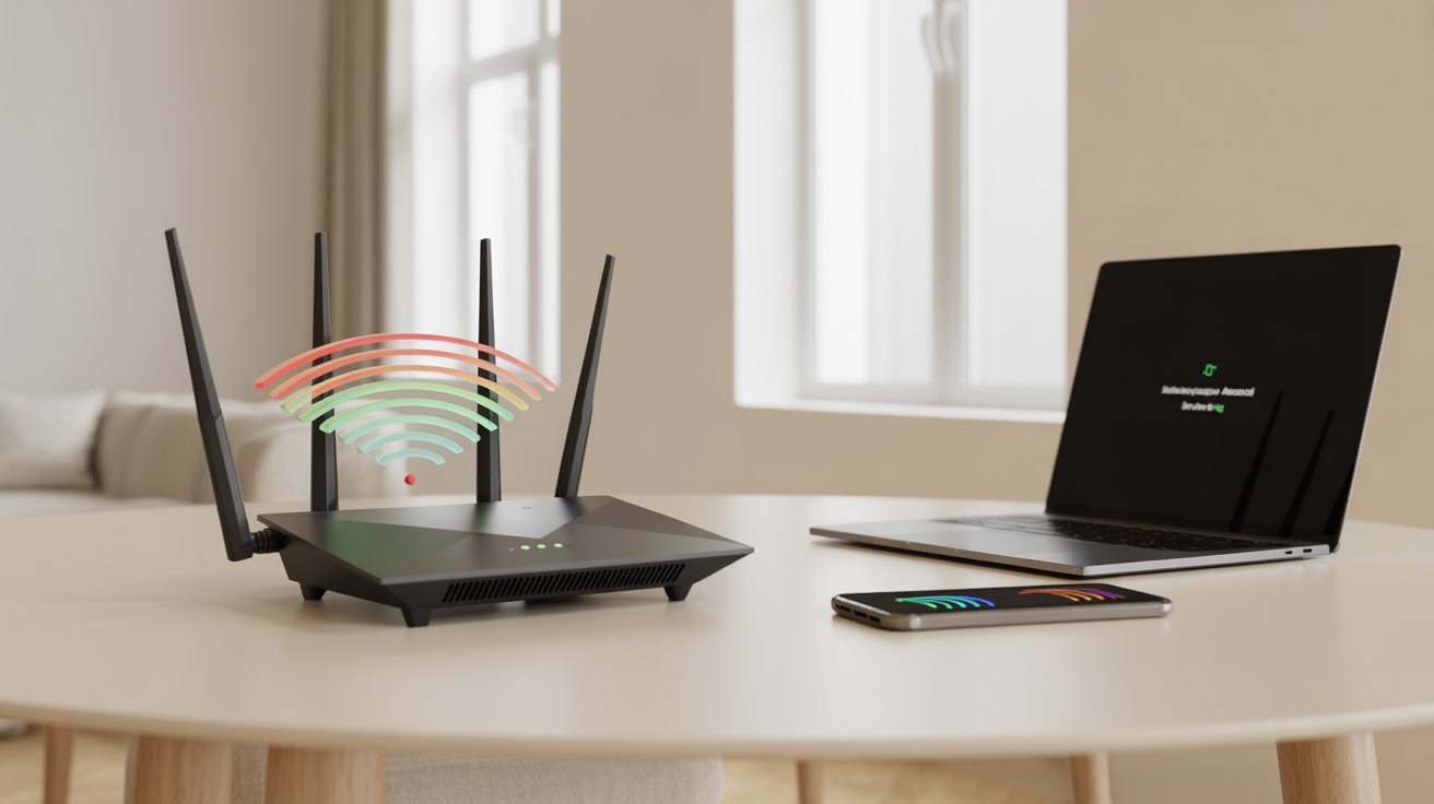 A modern router with glowing signal waves sits on a round table beside a laptop and phone, both displaying strong Wi-Fi signals in a bright, minimalist room.