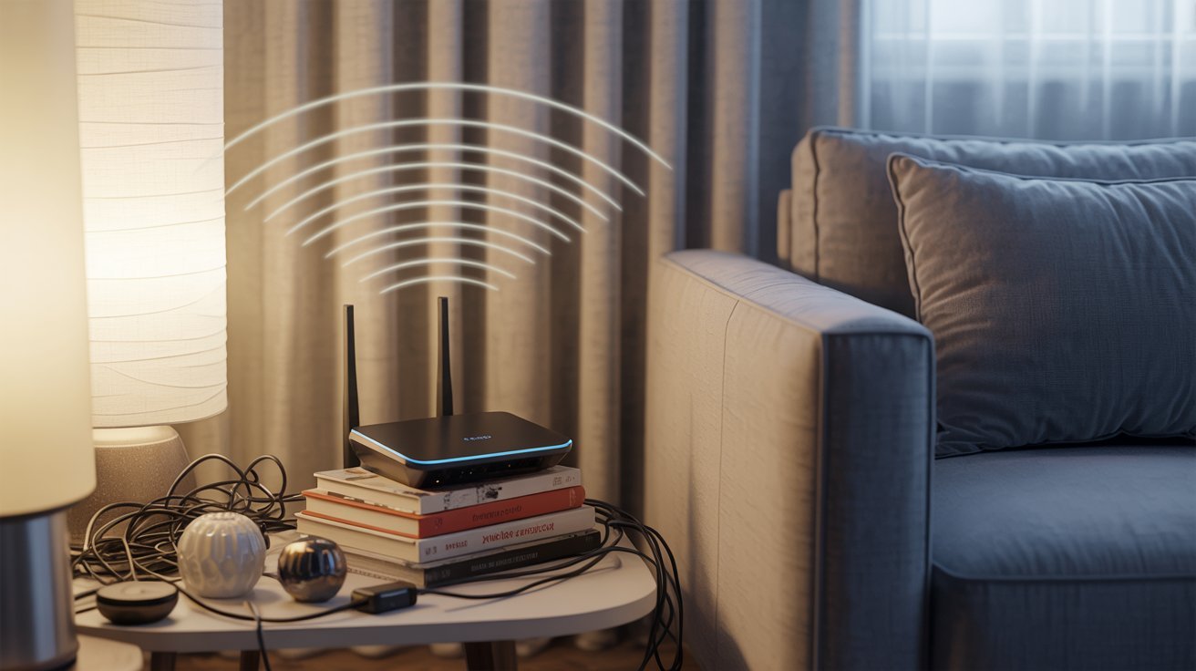 A Wi-Fi router with antennas emitting signal waves sits on a stack of books next to a cozy couch and lamp, creating a warm, tech-friendly atmosphere.