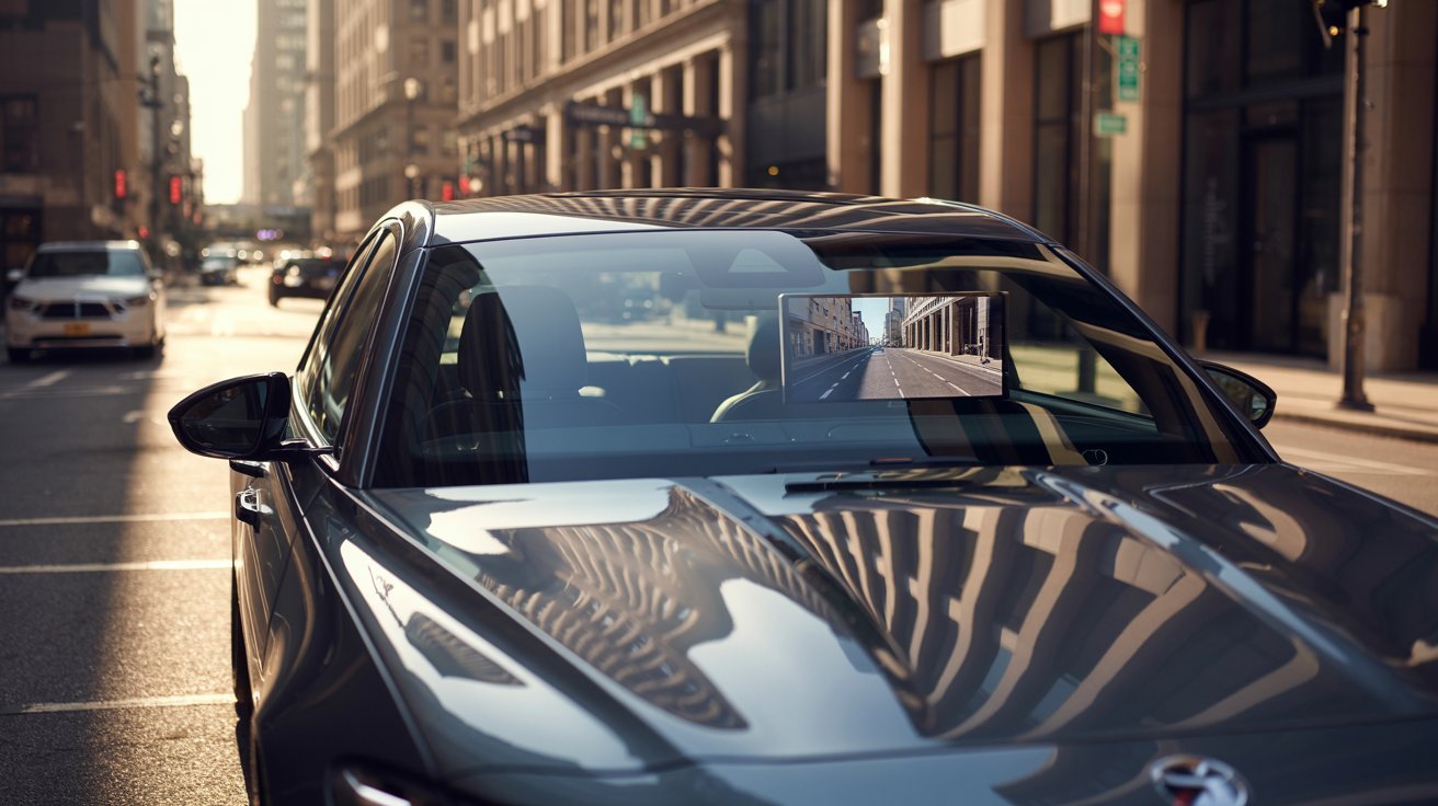 A sleek car parked on a sunlit city street, reflecting surrounding buildings on its shiny hood. The rearview mirror shows a clear view of the empty road ahead.
