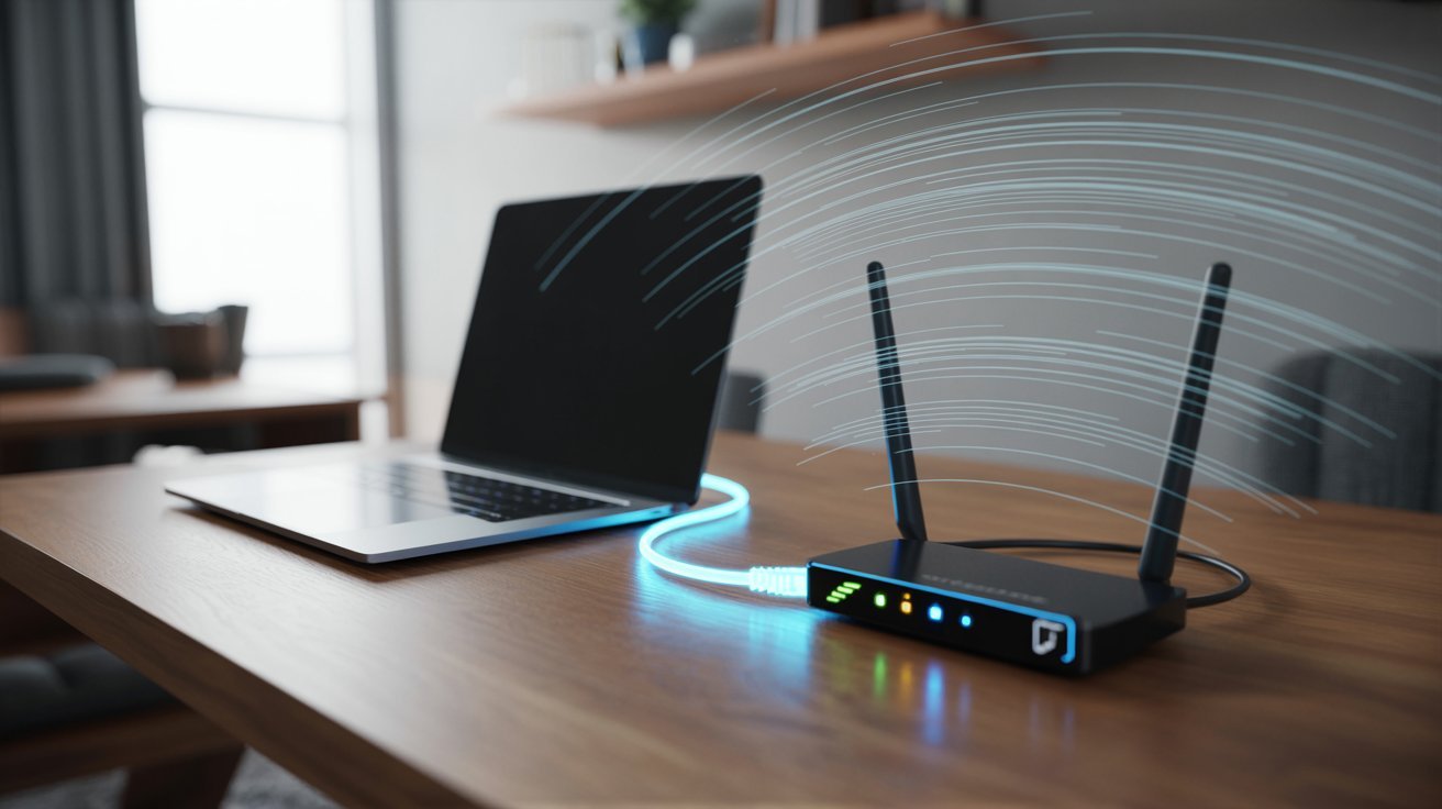A laptop connected to a Wi-Fi router with glowing lines symbolizing internet connectivity. Scene conveys efficiency and modern technology.
