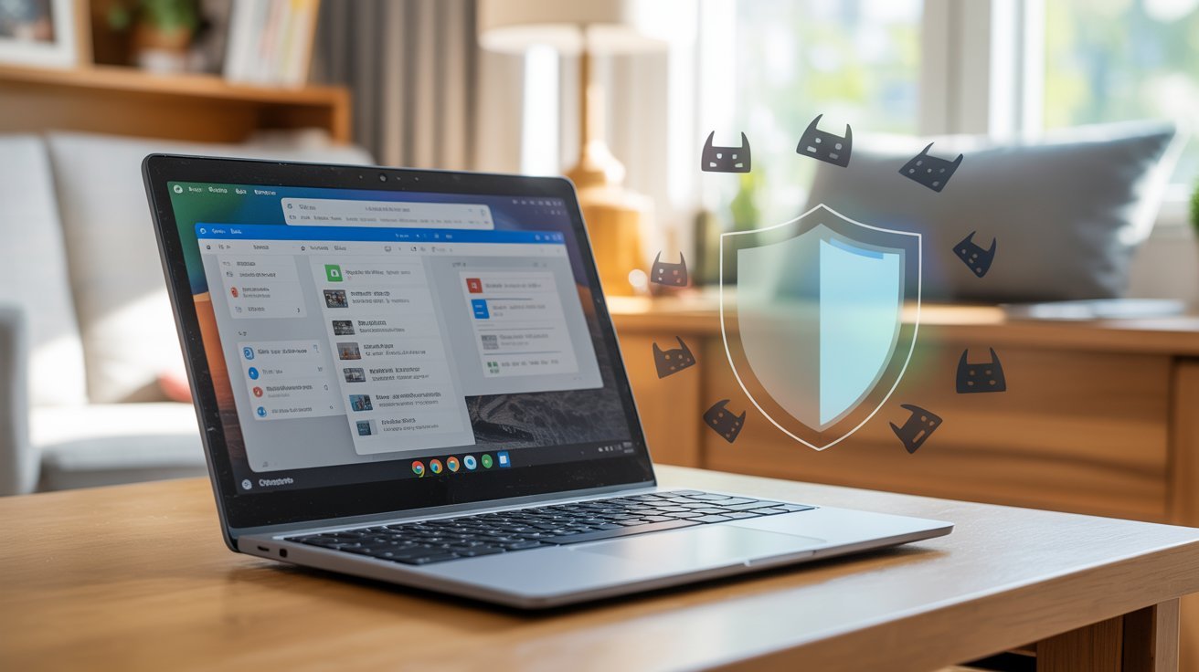 A laptop displaying a file directory sits on a wooden table in a sunlit room. A digital shield icon with padlocks suggests strong cybersecurity protection.