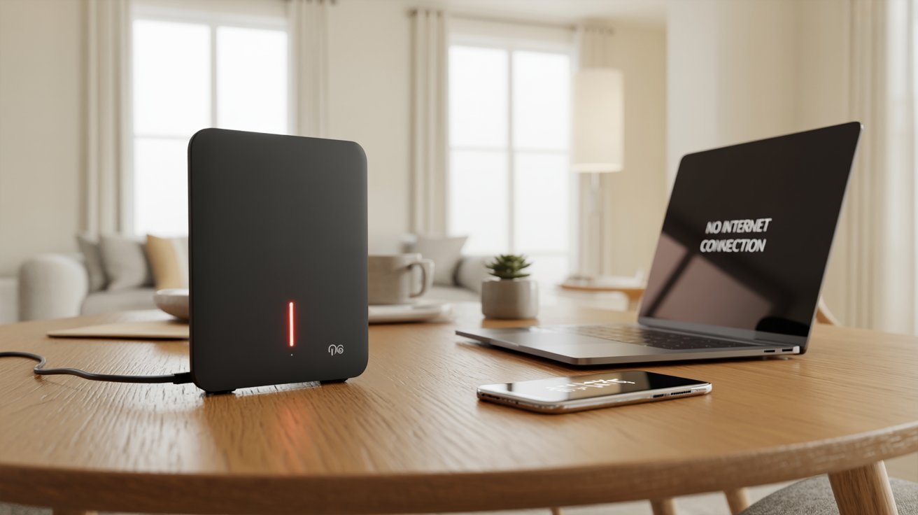 A modern black router with a red indicator light sits on a wooden table in a bright living room. Nearby, a laptop displays "No Internet Connection."