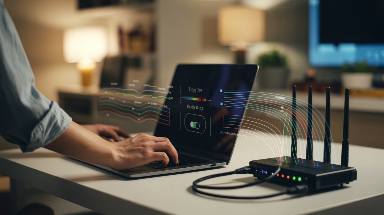 A person using a laptop on a desk beside a wireless router with antennas. Digital data flows visually connect the laptop and router, creating a high-tech ambiance.