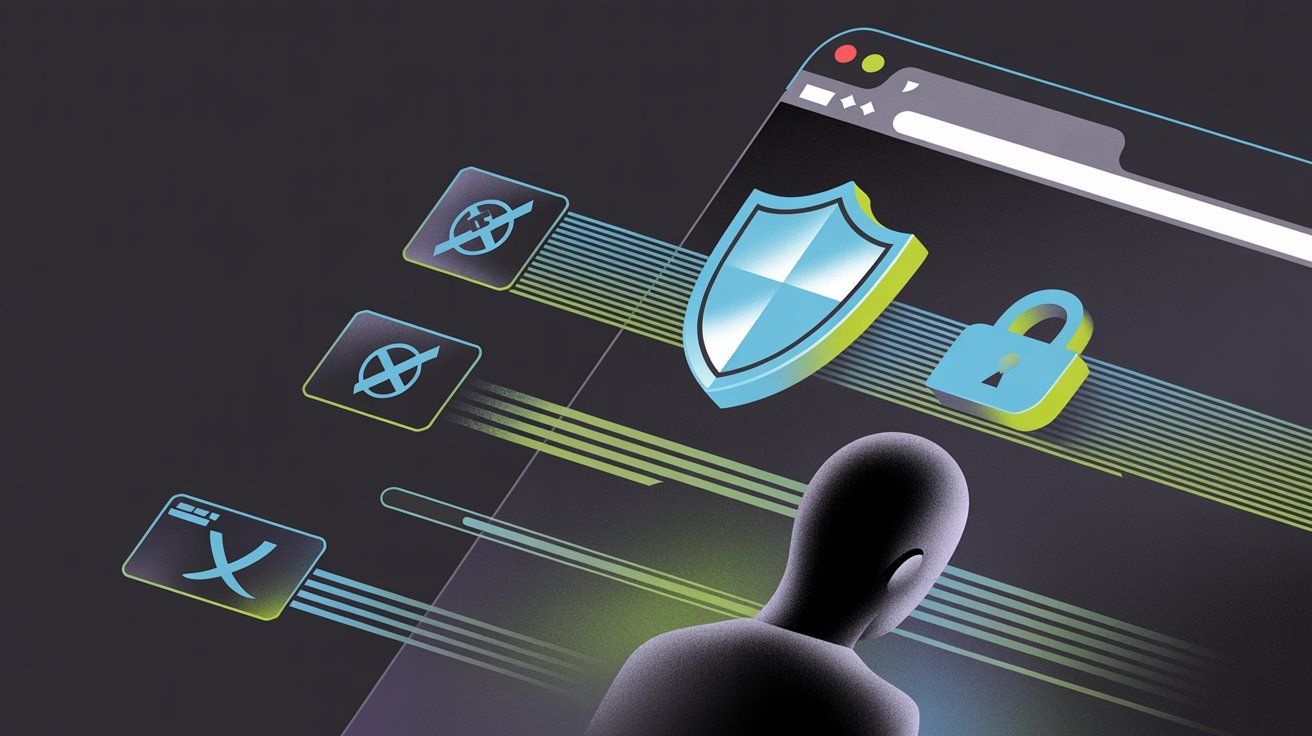 A stylized image depicts a person facing a large browser window displaying security icons: a shield, a lock, and crossed-out symbols, suggesting online protection themes.