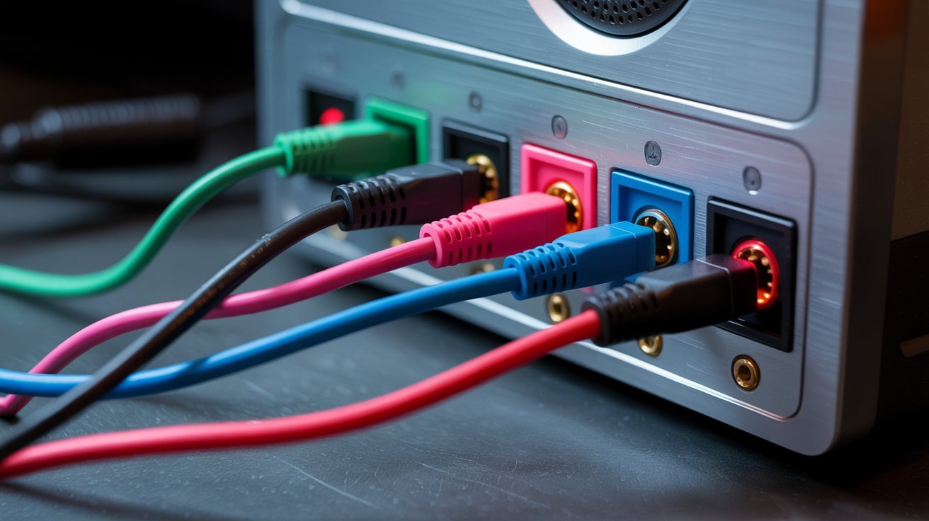 A close-up of a computer's back panel shows colorful audio cables plugged into matching ports. The setup is neat, suggesting organization and connectivity.