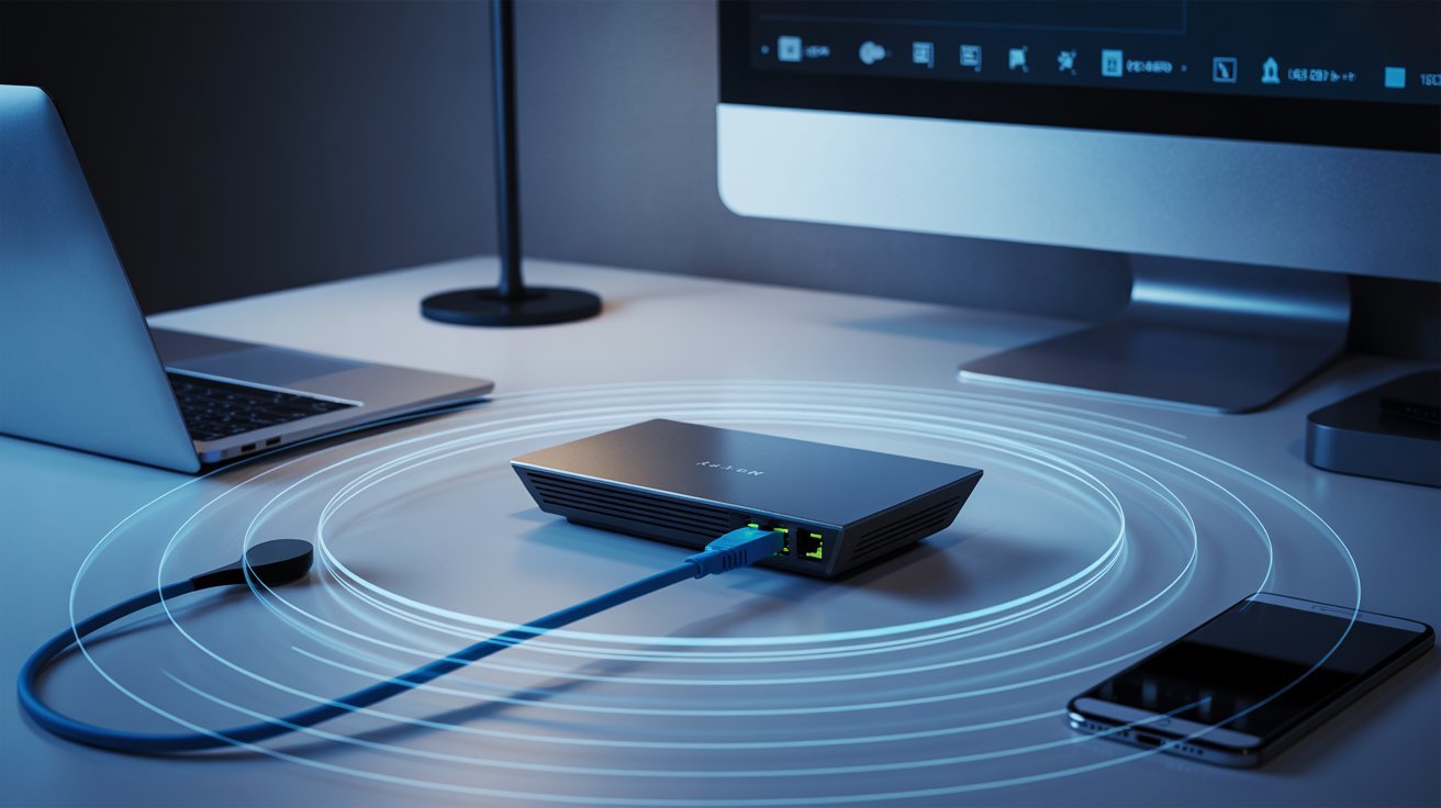 A sleek black router emits concentric blue rings on a desk, surrounded by a laptop, desktop monitor, and smartphone, conveying a modern, tech-focused atmosphere.