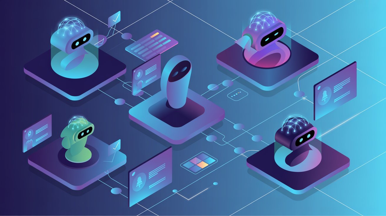 Futuristic scene with five AI robots on platforms, connected by digital pathways. Each robot faces a screen with data, symbolizing artificial intelligence networks.