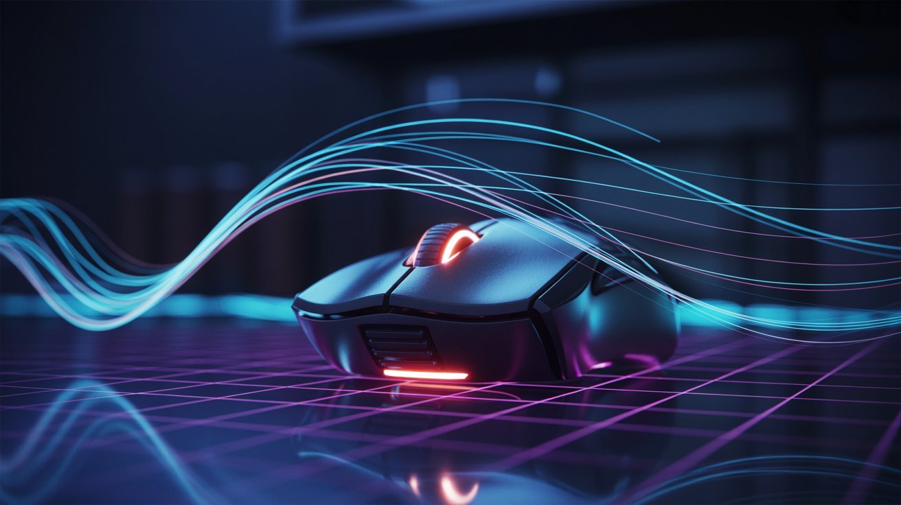 A futuristic gaming mouse glows with red and blue lights on a grid-patterned surface. Dynamic blue light trails swirl around, creating a techy, energetic vibe.