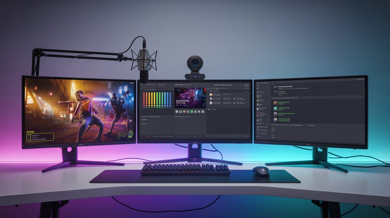 A modern gaming desk setup with three monitors displaying a game, streaming software, and a chat app. A microphone and webcam are mounted above, creating a vibrant and immersive environment.