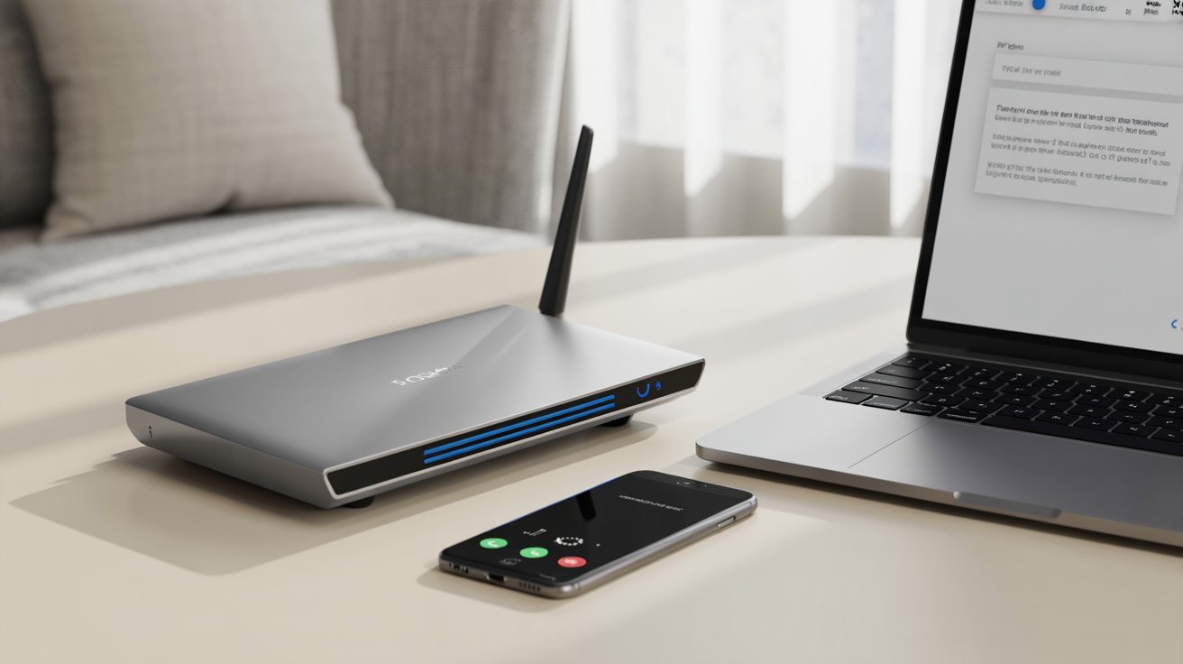A modern silver wireless router with blue accents sits on a table near a smartphone with a call screen and an open laptop displaying an email. Sunlight filters through sheer curtains, creating a calm and tech-savvy ambiance.
