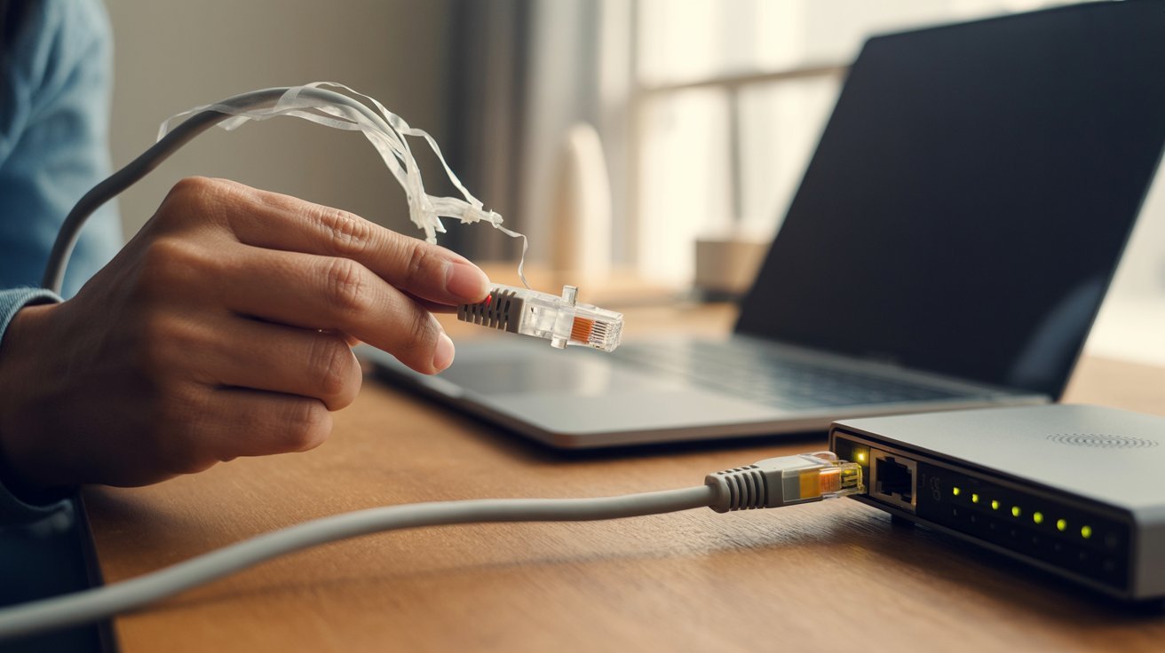 A person holds an Ethernet cable near a laptop and router on a wooden desk. The scene suggests setting up or troubleshooting internet connectivity.