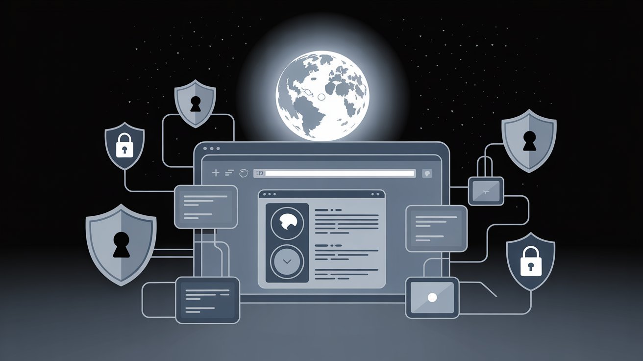 A stylized digital security concept showing a web browser surrounded by lock icons and shields, with a full moon and stars in the background, conveying protection.