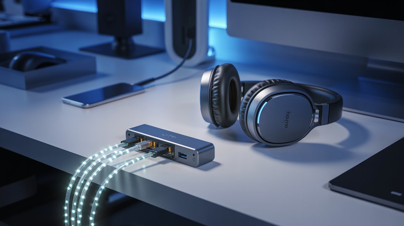 A sleek workspace features headphones and a USB hub on a desk, with glowing cables connected, conveying a modern tech ambiance.