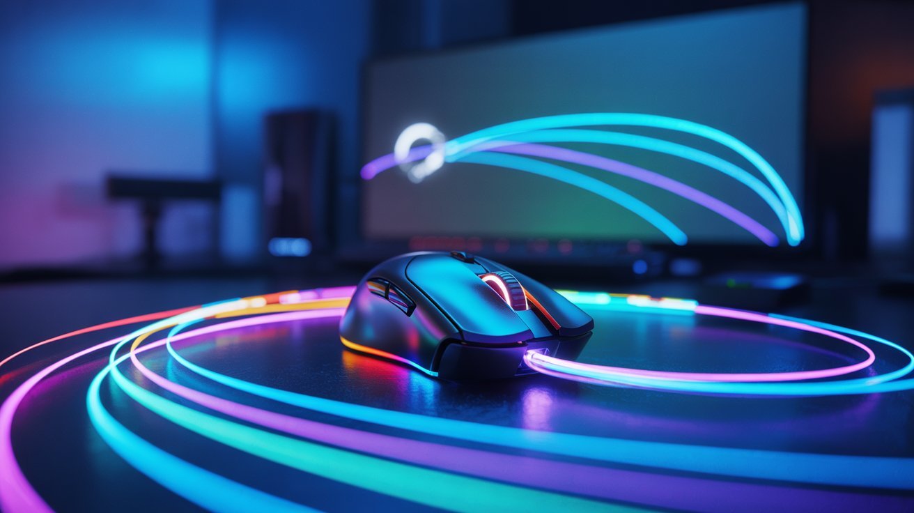 A gaming mouse on a desk emits vibrant neon trails in blue, purple, and pink. A monitor in the background echoes these colors, creating a futuristic vibe.