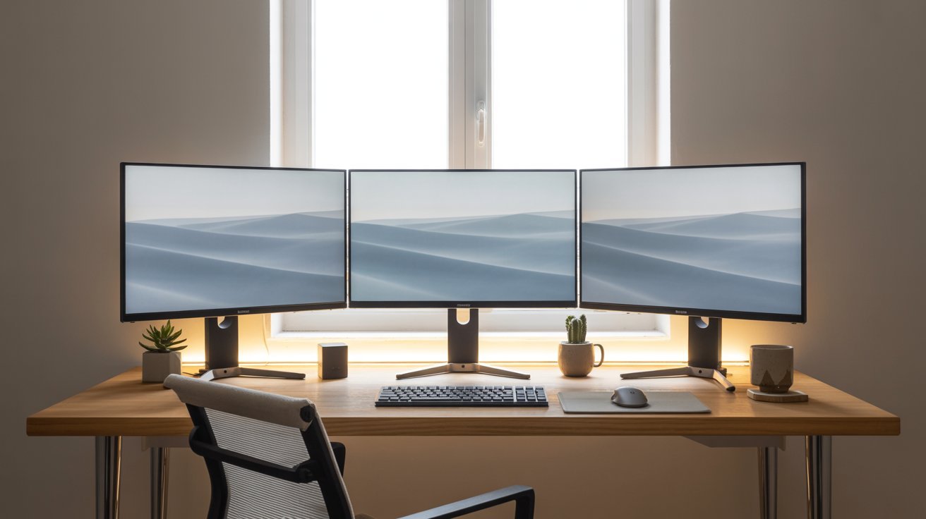 A tidy workspace with three monitors displaying serene desert dunes. The setup includes a keyboard, mouse, potted plants, and mugs on a wooden desk.